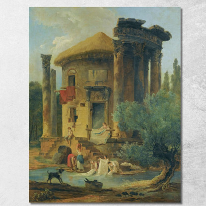 Lavandaie In Riva A Un Fiume Sotto Un Tempio Circolare In Rovina Hubert Robert hrb129 quadro stampato su tela