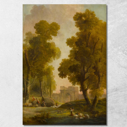 Lavandaie In Un Paesaggio Con Un Gruppo Di Pastori Davanti A Un Viale Di Alberi Hubert Robert hrb131 quadro stampato su tela