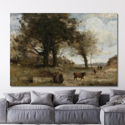 Les Vachères A La Fontaine Jean-Baptiste-Camille Corot jbc148 quadro stampato su tela