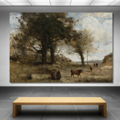 Les Vachères A La Fontaine Jean-Baptiste-Camille Corot jbc148 quadro stampato su tela