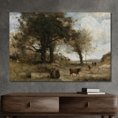 Les Vachères A La Fontaine Jean-Baptiste-Camille Corot jbc148 quadro stampato su tela