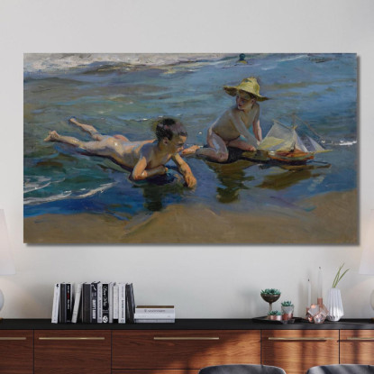 Niños En La Playa Bambini Che Giocano Sulla Spiaggia Joaquín Sorolla jsr70 quadro stampato su tela