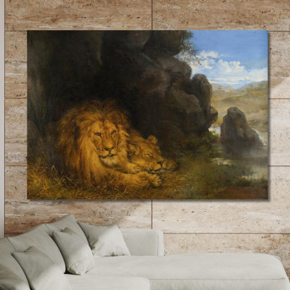 Due Leoni In Una Grotta Wilhelm Kuhnert wkh46 quadro stampato su tela