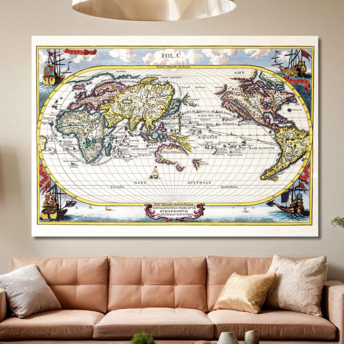 Painting Ancient World Map With Ships And Historical Exploration Routes ...