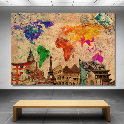 Quadro Mappa Del Mondo Artistica Con Monumenti Iconici E Timbri Vintage Di Viaggio map24 quadro stampato su tela