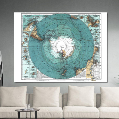 Quadro Mappa Dell'Antartide Storica Con Proiezione Polare E Dettagli Geografici Antichi map42 quadro stampato su tela