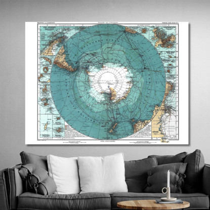 Quadro Mappa Dell'Antartide Storica Con Proiezione Polare E Dettagli Geografici Antichi map42 quadro stampato su tela