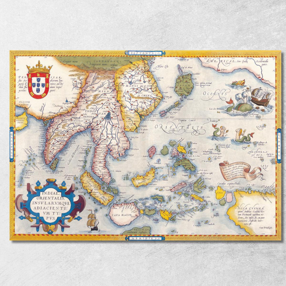 Quadro Mappa Dell'Asia Antica Con Illustrazioni Navi E Creature Mitologiche Su Sfondo Vintage map43 quadro stampato su tela