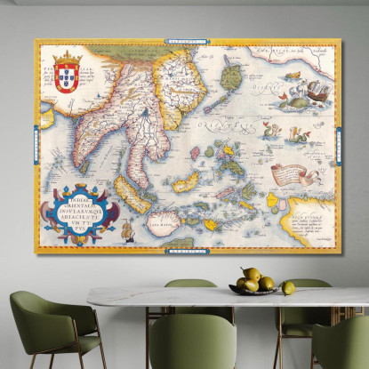 Quadro Mappa Dell'Asia Antica Con Illustrazioni Navi E Creature Mitologiche Su Sfondo Vintage map43 quadro stampato su tela
