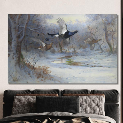 Fagiano Di Monte E Pernice In Volo In Inverno Archibald Thorburn ath23 quadro stampato su tela