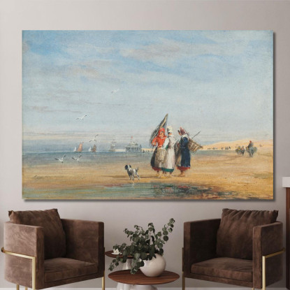 Spiaggia Di Calais Con Pescatori Di Gamberetti E Un Cane David Cox dcx8 quadro stampato su tela