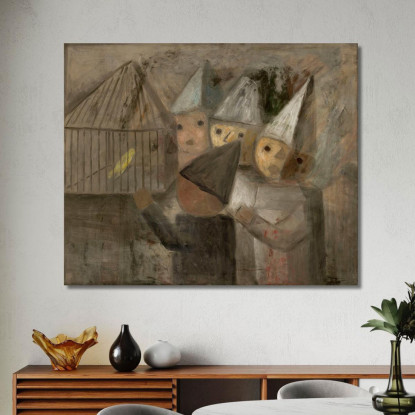 Bambini Davanti A Una Gabbia Con Un Canarino Tadeusz Makowski tmk29 quadro stampato su tela