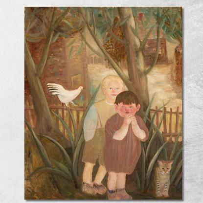 Due Bambini Con Un Gatto Tadeusz Makowski tmk184 quadro stampato su tela