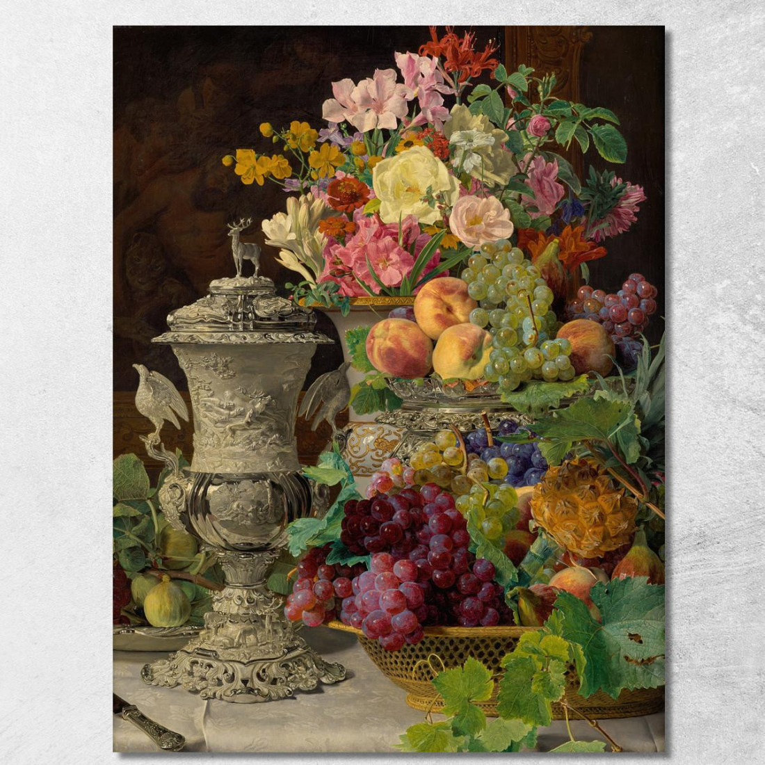 Natura Morta Con Frutta Fiori E Coppa D'Argento Ferdinand Georg Waldmüller fgw103 quadro stampato su tela