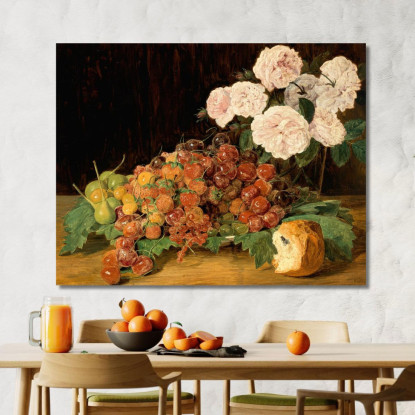 Natura Morta Con Rose Fragole E Pane Ferdinand Georg Waldmüller fgw105 quadro stampato su tela