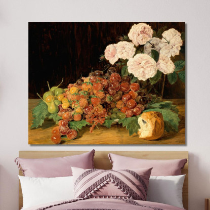 Natura Morta Con Rose Fragole E Pane Ferdinand Georg Waldmüller fgw105 quadro stampato su tela
