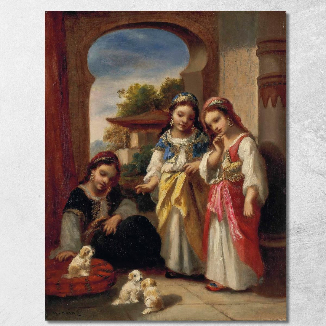 Tre Bambine E Tre Cuccioli In Turchia Narcisse-Virgile Diaz de La Peña nvd76 quadro stampato su tela