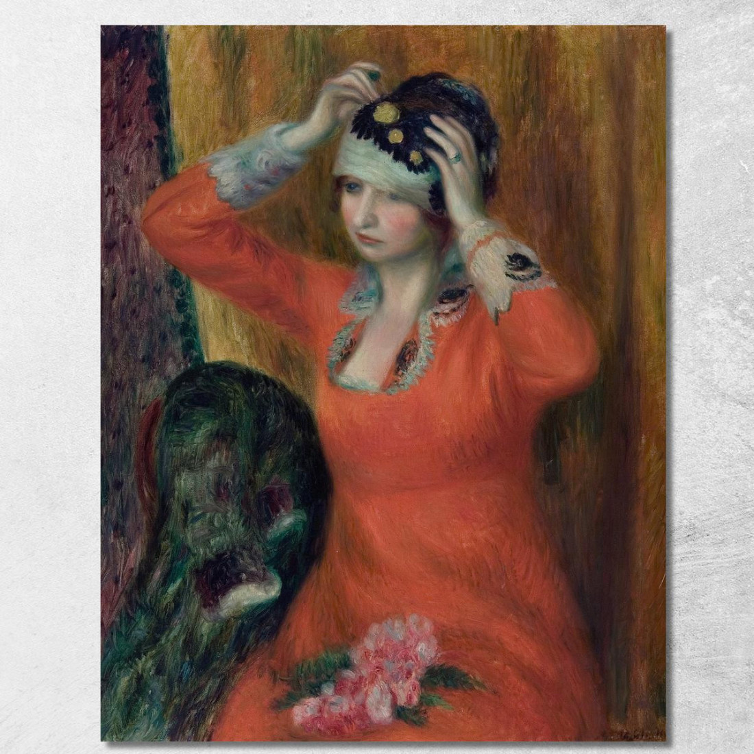 Ragazza In Vestito Rosso Che Si Mette Il Cappello William James Glackens wjg19 quadro stampato su tela