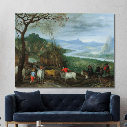 Un Paesaggio Con Mandriani Che Conducono Il Bestiame Verso Un Villaggio Jan Brueghel The Elder jbe2 quadro stampato su tela