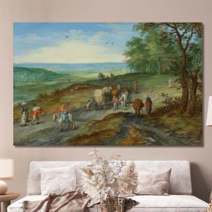Un Paesaggio Panoramico Con Un Carro Coperto E Viaggiatori Su Una Strada Maestra Jan Brueghel The Elder jbe3 quadro stampato su