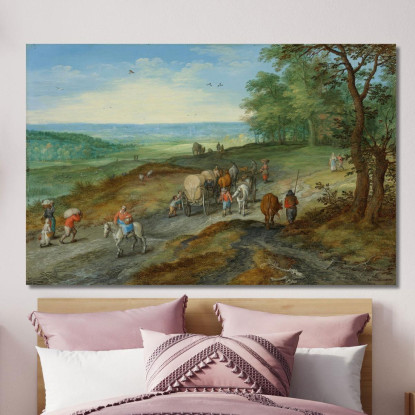 Un Paesaggio Panoramico Con Un Carro Coperto E Viaggiatori Su Una Strada Maestra Jan Brueghel The Elder jbe3 quadro stampato su