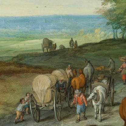 Un Paesaggio Panoramico Con Un Carro Coperto E Viaggiatori Su Una Strada Maestra Jan Brueghel The Elder jbe3 quadro stampato su