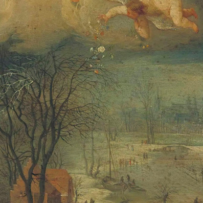 Un Paesaggio Invernale Con Contadini Che Raccolgono Legna E Pattinatori Su Un Fiume Ghiacciato Putti Spargono Fiori Sopra Jan B