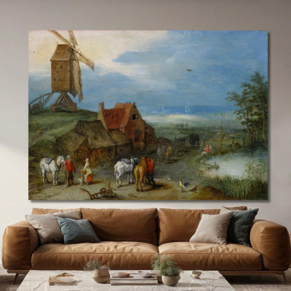 Paesaggio Con Mulino A Vento Varie Figure Cavalli E Animali Vicino A Una Fattoria Jan Brueghel The Elder jbe18 quadro stampato