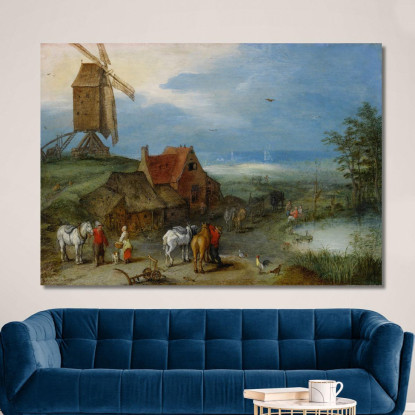 Paesaggio Con Mulino A Vento Varie Figure Cavalli E Animali Vicino A Una Fattoria Jan Brueghel The Elder jbe18 quadro stampato