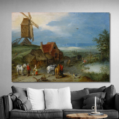 Paesaggio Con Mulino A Vento Varie Figure Cavalli E Animali Vicino A Una Fattoria Jan Brueghel The Elder jbe18 quadro stampato