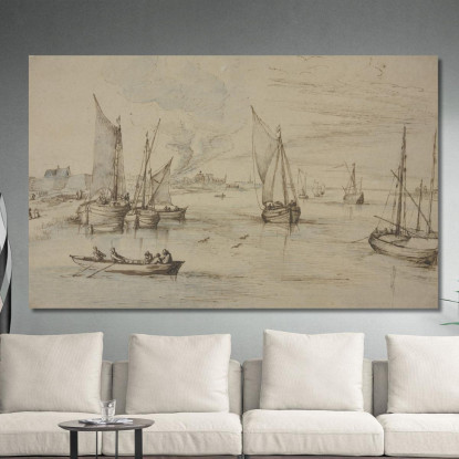 Marina Con Molte Navi A Sinistra Un Villaggio In Primo Piano Una Barca A Remi Jan Brueghel The Elder jbe27 quadro stampato su t