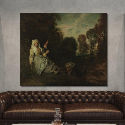 Paesaggio Serale Con Filatrice Jean-Antoine Watteau jaw6 quadro stampato su tela