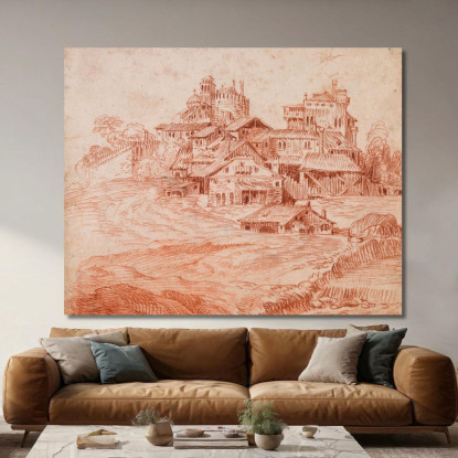 Villaggio Fortificato Con Un Mastio E Una Chiesa Jean-Antoine Watteau jaw9 quadro stampato su tela