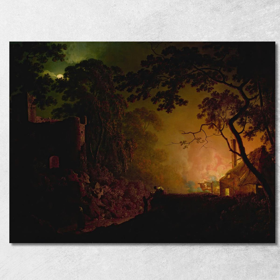 Un Cottage In Fiamme Di Notte Joseph Wright of Derby jwd1 quadro stampato su tela