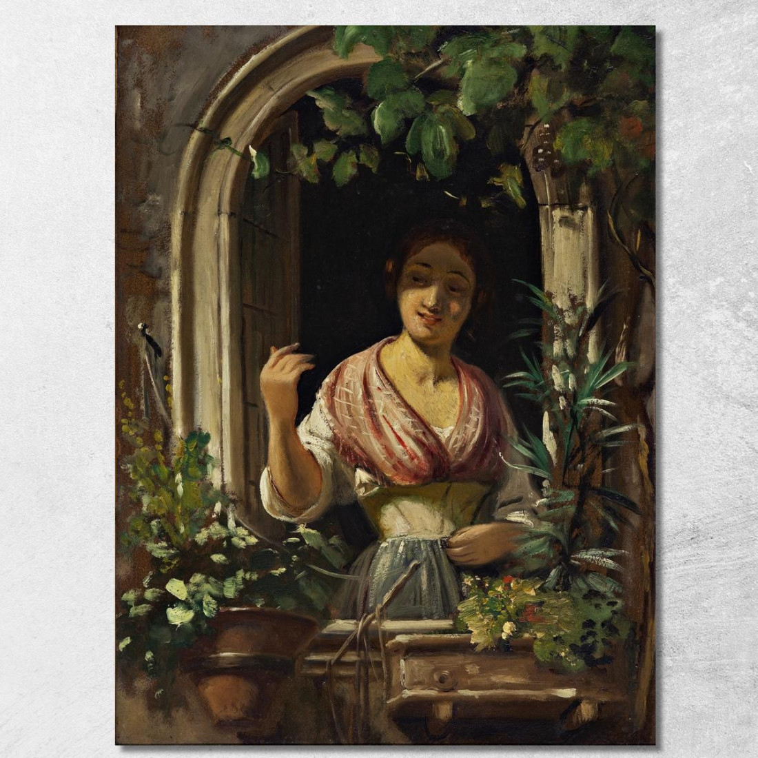 Donna Italiana Che Saluta Da Una Finestra Fine Degli Anni 1850 Wilhelm Marstrand wmr32 quadro stampato su tela