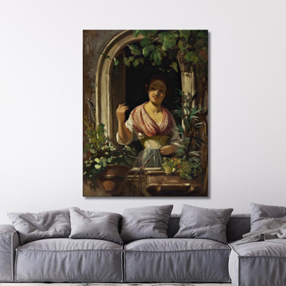 Donna Italiana Che Saluta Da Una Finestra Fine Degli Anni 1850 Wilhelm Marstrand wmr32 quadro stampato su tela