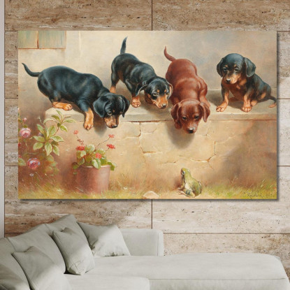 Cuccioli Di Bassotto Curiosi E Una Rana Carl Reichert crc18 quadro stampato su tela