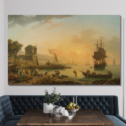 Una Grande Vista Della Costa Arricchita Da Edifici Navi E Figure Claude-Joseph Vernet cjv3 quadro stampato su tela