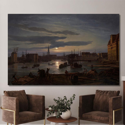 Porto Di Copenaghen Al Chiaro Di Luna Johan Christian Dahl jcd11 quadro stampato su tela
