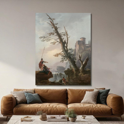 Soldati E Pescatori In Un Paesaggio Con Cascata Charles François Daubigny cfd74 quadro stampato su tela