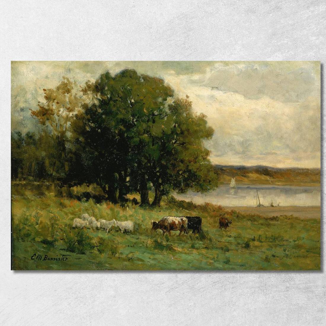 Bestiame Vicino Al Fiume Con Barca A Vela In Lontananza Edward Mitchell Bannister emb39 quadro stampato su tela