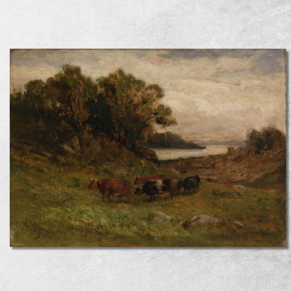 Cinque Mucche Al Pascolo Con Alberi E Fiume Sullo Sfondo Edward Mitchell Bannister emb40 quadro stampato su tela