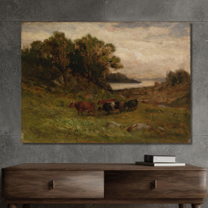 Cinque Mucche Al Pascolo Con Alberi E Fiume Sullo Sfondo Edward Mitchell Bannister emb40 quadro stampato su tela