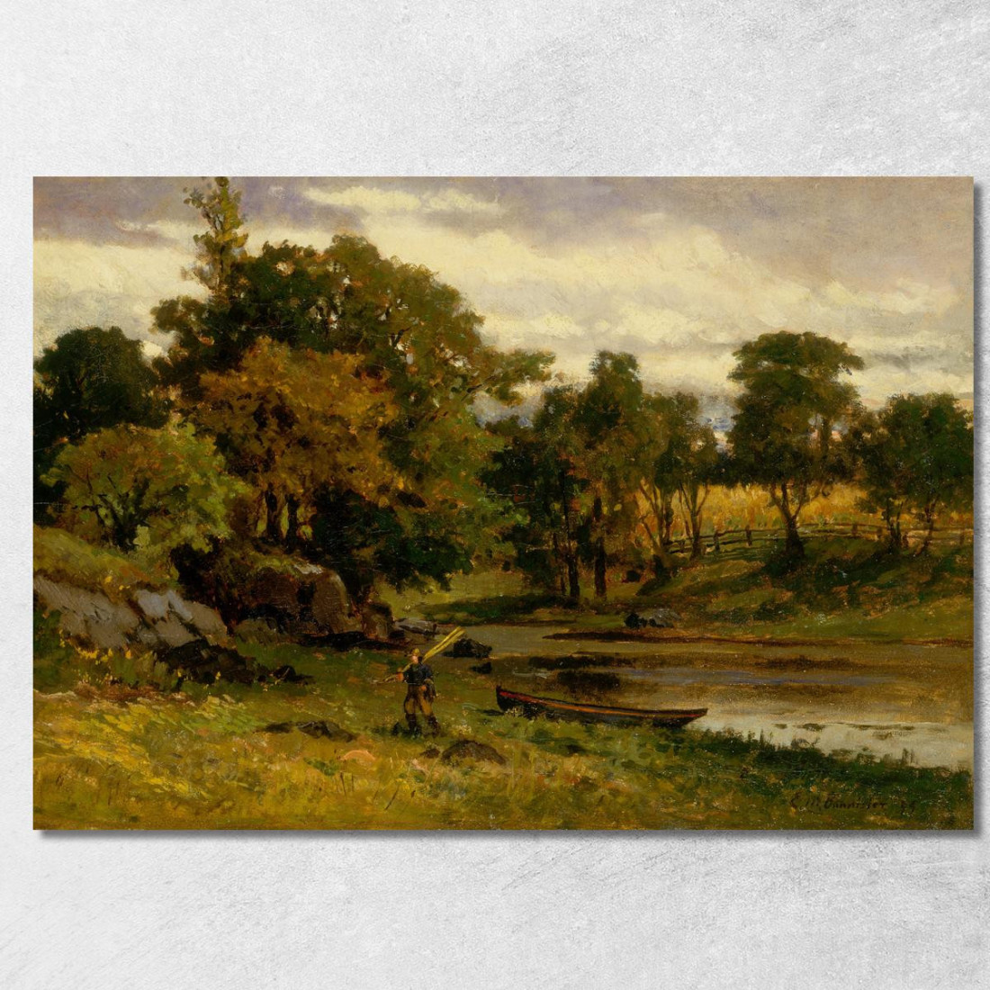 Paesaggio Barca Ormeggiata Vicino Al Ruscello Uomo Che Cammina In Primo Piano Edward Mitchell Bannister emb53 quadro stampato s