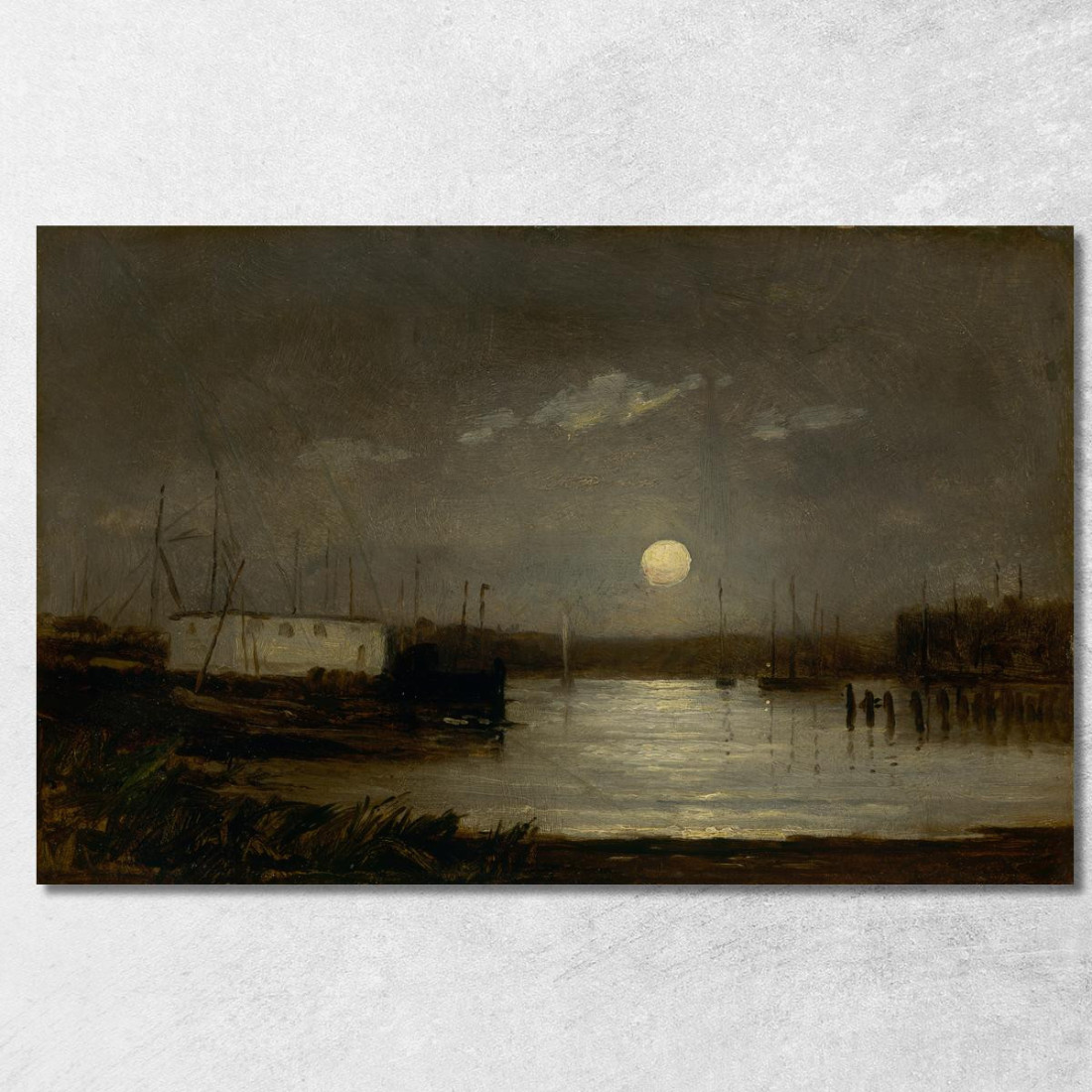 Luna Su Un Porto Scena Al Molo Con Luna Piena E Alberi Delle Barche Edward Mitchell Bannister emb63 quadro stampato su tela