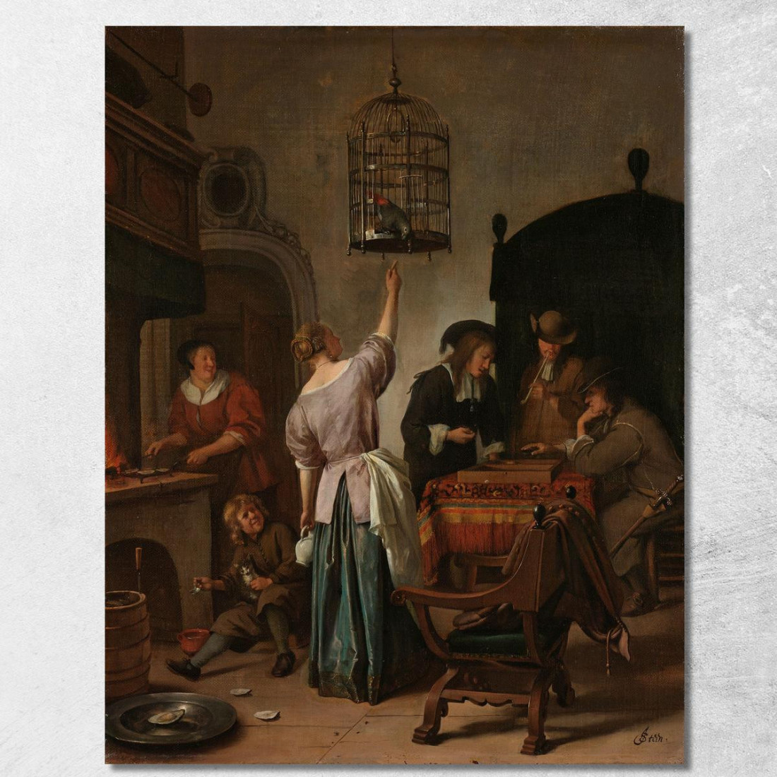 Interno Con Una Donna Che Dà Da Mangiare A Un Pappagallo Noto Come 'La Gabbia Del Pappagallo' Jan Steen jsn34 quadro stampato s
