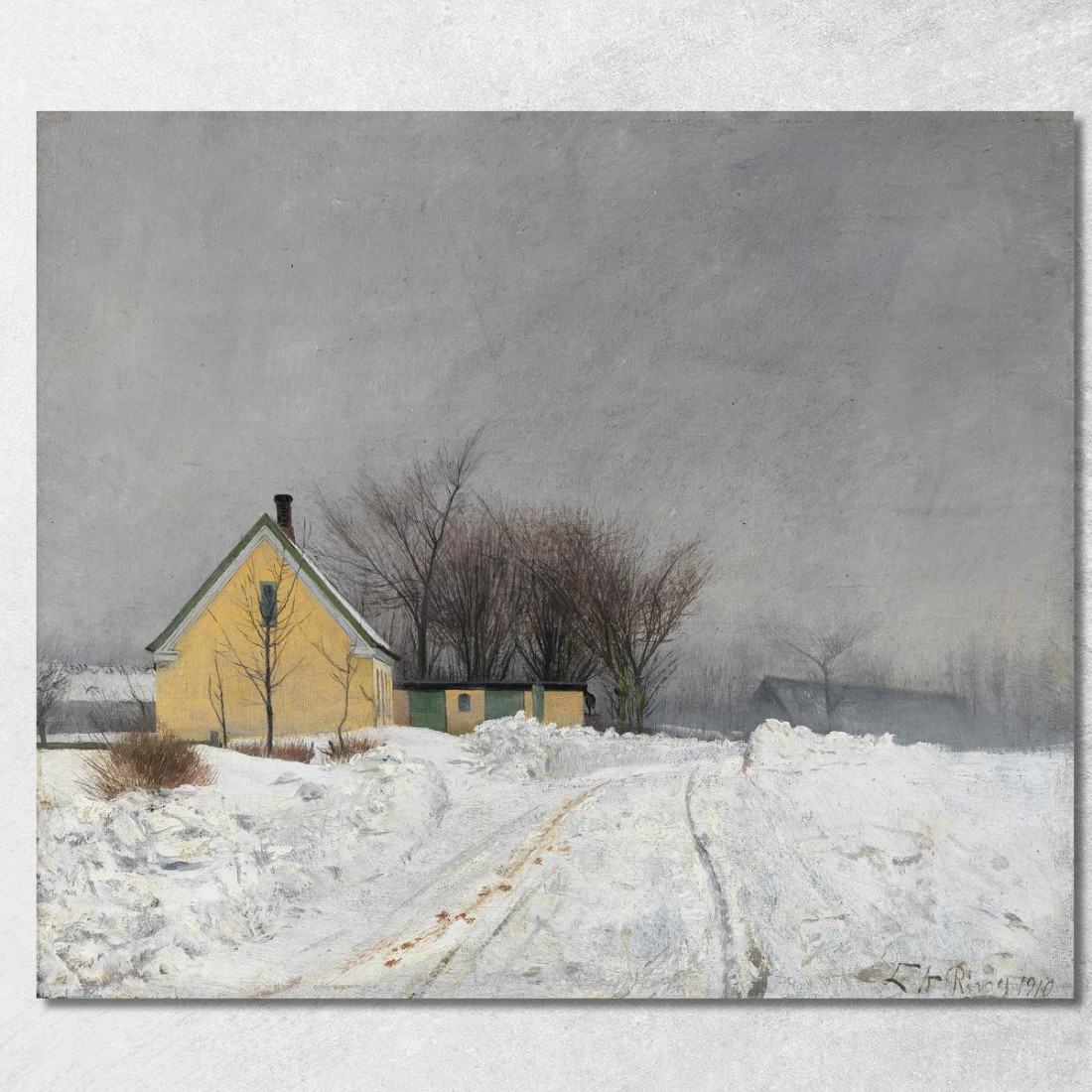 Giornata Invernale Nebbiosa. A Sinistra Una Casa Gialla. Neve Profonda. Laurits Andersen Ring lar13 quadro stampato su tela