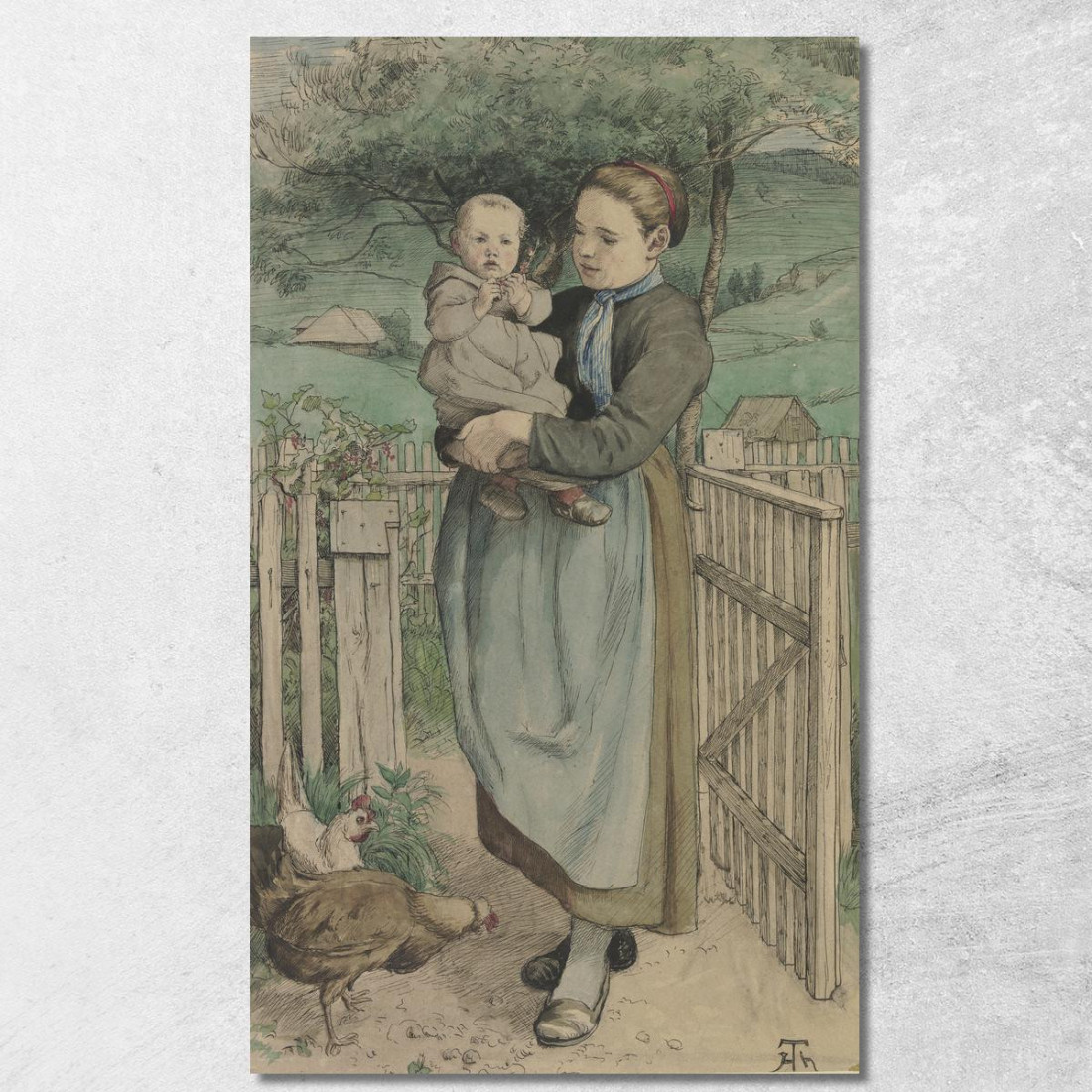 Ragazza Contadina Con Un Bambino In Braccio In Piedi Vicino A Una Staccionata Di Legno Hans Thoma hth14 quadro stampato su tela
