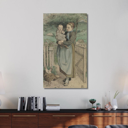 Ragazza Contadina Con Un Bambino In Braccio In Piedi Vicino A Una Staccionata Di Legno Hans Thoma hth14 quadro stampato su tela