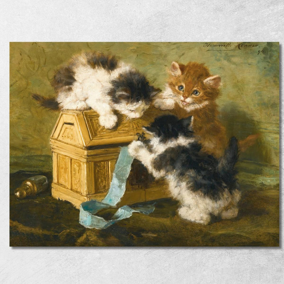 Tre Gattini Con Una Scatola E Un Nastro Blu Henriëtte Ronner-Knip hrk26 quadro stampato su tela